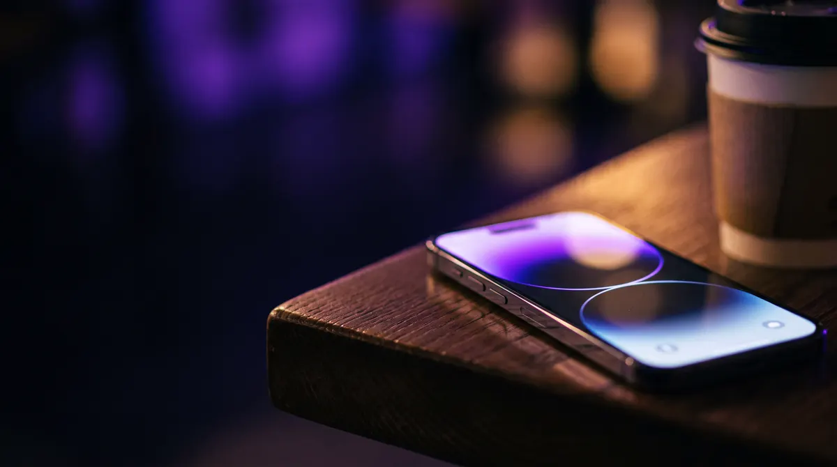 Ein eingeschaltetes Smartphone auf einem Holztisch bei Nacht, der Bildschirm leuchtet violett neben einem Kaffee